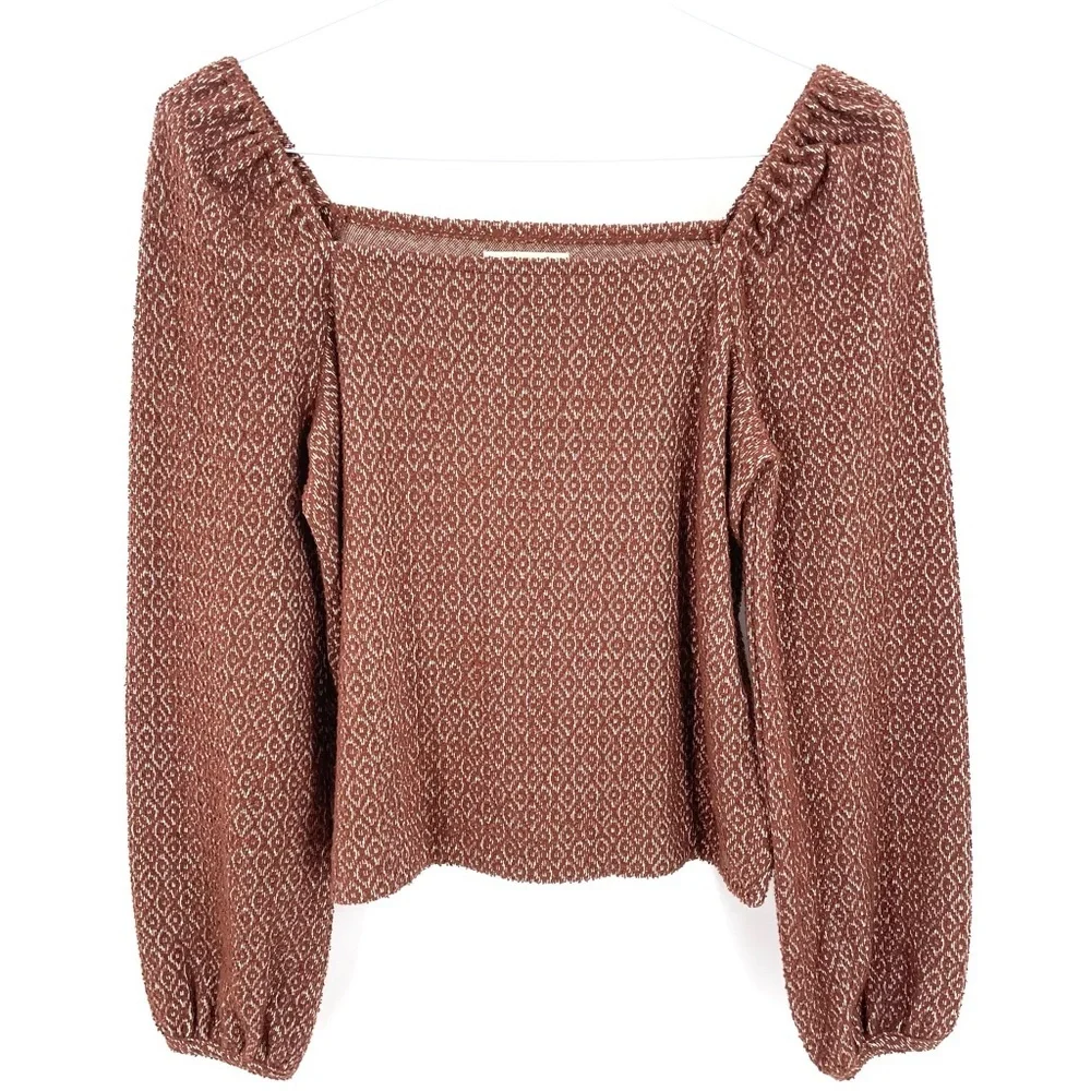MADEWELL Jacquard Puff-Sleeve Boho Cropped Long Sleeve Blouse Top